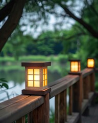 A pair of outdoor LED lanterns with square boxes, emitting soft light in the evening on an old bridge or wooden guardrail, creating a warm and peaceful atmosphere The composition is symmetrical left a