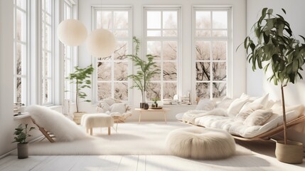 Sun-drenched sitting room with Scandinavian design whitewashed floors sheepskin accents and greenery.