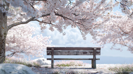 Romantic Background of Cherry Blossom in Springtime. A bench under the blooming cherry blossom tree