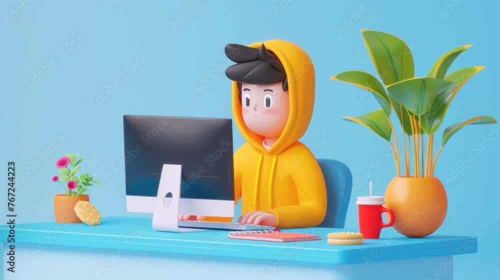 Poster animated character in yellow hoodie working on desktop computer in cheerful home office setting with