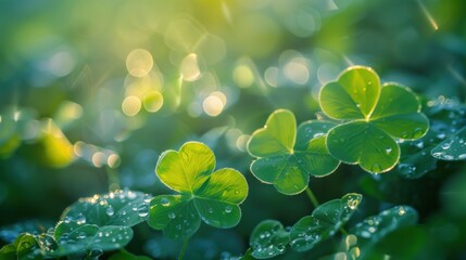 Vibrant scene with shimmering dew on shamrock leaves symbolizing spring