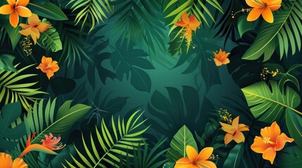 Abstract background with lush vines and tropical flowers. - obrazy, fototapety, plakaty