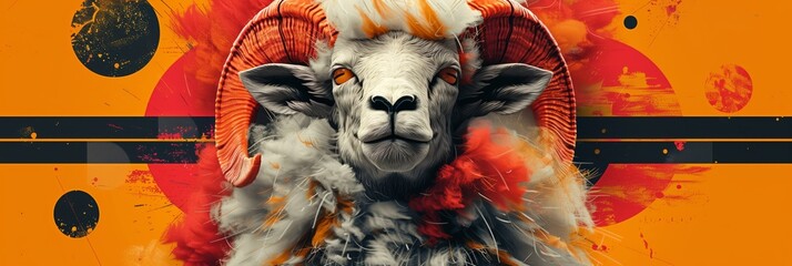 Vibrant depiction of aries ram with surreal artistic elements and dynamic splashes of color; fiery zodiacal symbol; energetic and creative astrological sign. Modern abstract art for zodiac sign  - obrazy, fototapety, plakaty