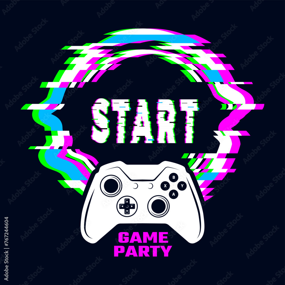Poster game poster. sci fi glitched round shapes gamepad for video games vector placard with place for text
