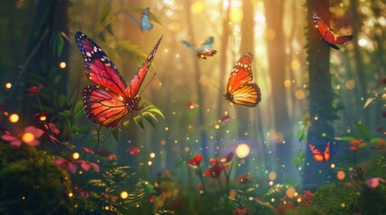 Magical forest with animated butterflies and fireflies