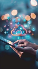 A person holding an iPad with the cloud icon and various digital icons floating above it, representing data storage in virtual clouds or on mobile devices The background is blurred to emphasize the ce