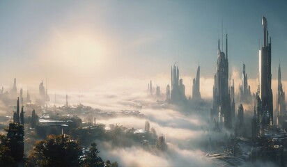 futuristic big city covered with thin fog and beautiful sunlight, generative ai  art - obrazy, fototapety, plakaty