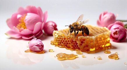 bee sits on honeycomb with flowers