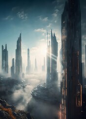 futuristic big city covered with thin fog and beautiful sunlight, generative ai  art