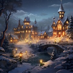 Winter fairy tale castle in the forest. Christmas and New Year background.