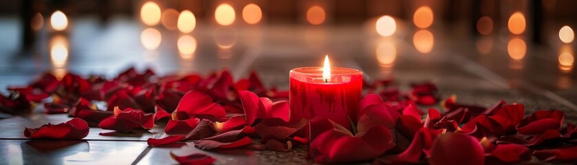 A red candle is lit on the floor covered with rose petals in a spa, creating a romantic atmosphere The photography is of high quality with sharp focus and soft lighting, capturing highly detailed shot