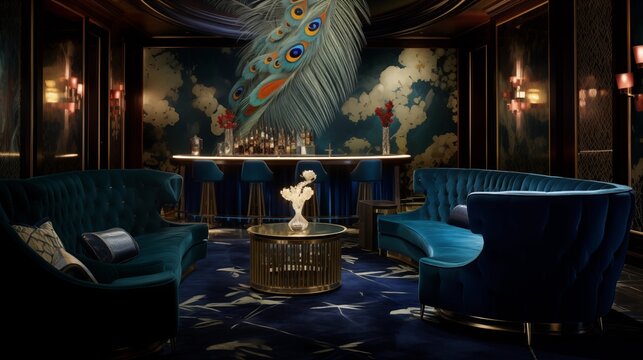 Swanky art deco bar lounge with peacock wallpaper cut velvet accents and glitzy details throughout.