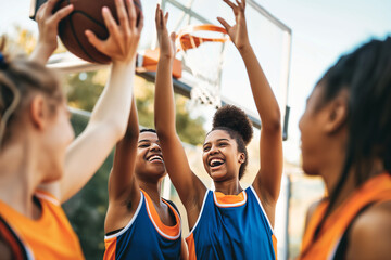 Teenage Girls in Basketball Team Play Junior Basketball League Match. Girls Having Fun During Basketball Training Session - obrazy, fototapety, plakaty