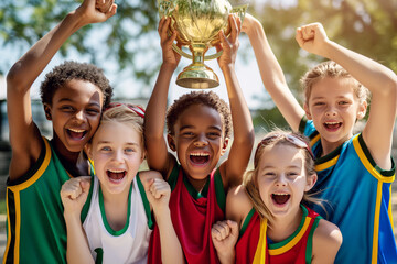 Multiethnic Group Of School Kids Have Fun in Sports Team. Kids Raising Golden Trophy in Joy. Happy Children Winning School Sports Competition