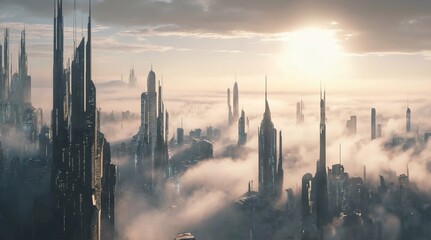 futuristic big city covered with thin fog and beautiful sunlight, generative ai  art - obrazy, fototapety, plakaty