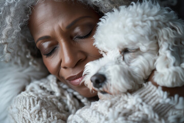 Happy afro american mature woman cuddling her curly cute dog. Pet Sitter concept. 