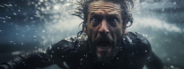 Man Emerges from Water with Intense Expression in Stormy Weather - obrazy, fototapety, plakaty