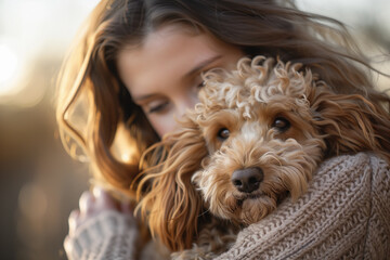 Naklejka na ściany i meble Happy young woman cuddling her curly cute dog. Pet Sitter concept. 