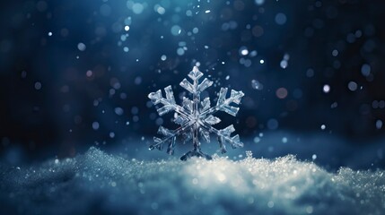 Fototapeta premium Winter composition with single snowflake on dark background