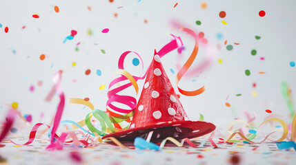 A red party hat with polka dots is surrounded by colorful confetti and streamers.