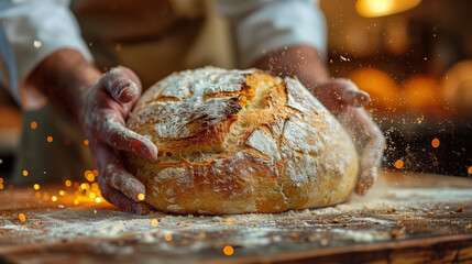 The baker's hands take out the hot round fresh bread and place it on a floured table. The bakery has a hot atmosphere with sparks from the oven