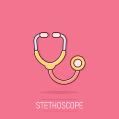 Stethoscope icon in comic style. Heart diagnostic cartoon vector illustration on isolated background. Medicine splash effect sign business concept.