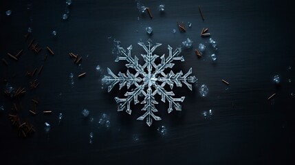 Winter composition with single snowflake on dark background - obrazy, fototapety, plakaty