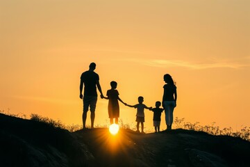 Family walking on a hill holding hands at dusk