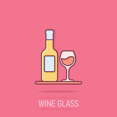 Wine glass and bottle icon in comic style. Champagne beverage cartoon vector illustration on isolated background. Cocktail drink splash effect sign business concept.