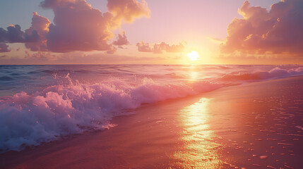 A beautiful sunset over the ocean with a wave in the water. AI. - obrazy, fototapety, plakaty
