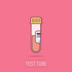 Blood in test tube icon in comic style. Laboratory flask cartoon vector illustration on isolated background. Liquid in beaker splash effect sign business concept.