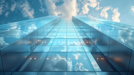 An upward-looking building with mirrored windows reflecting clouds in the sky