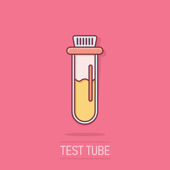 Blood in test tube icon in comic style. Laboratory flask cartoon vector illustration on isolated background. Liquid in beaker splash effect sign business concept.