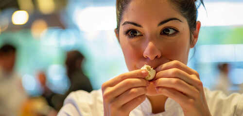 A chef eagerly staring into the camera as she tastes her creation