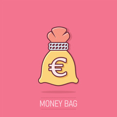 Money bag icon in comic style. Moneybag cartoon vector illustration on isolated background. Coin sack splash effect sign business concept.