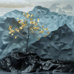 3d render, Beskidy mountains made from cardboard and paper, origami, sustainable, tree