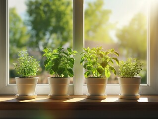 Four potted plants sit on a windowsill, basking in the sunlight. The plants are all different types, but they all have one thing in common: they are all green and healthy. The scene is peaceful