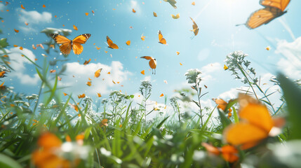 Obraz na płótnie Canvas Vibrant Butterflies Flying Amongst Wildflowers Under Sunny Sky
