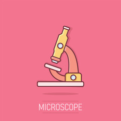 Microscope icon in comic style. Laboratory magnifier cartoon vector illustration on isolated background. Biology instrument splash effect sign business concept.