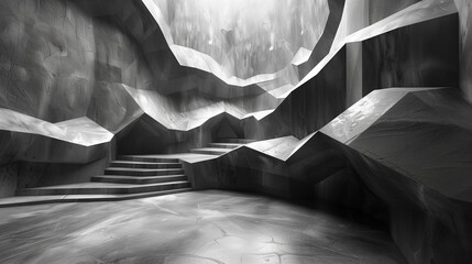 Massive dark gray angular background. A designer artificial space, a huge stone cave with steps. A modern stage or hall for performances and events.