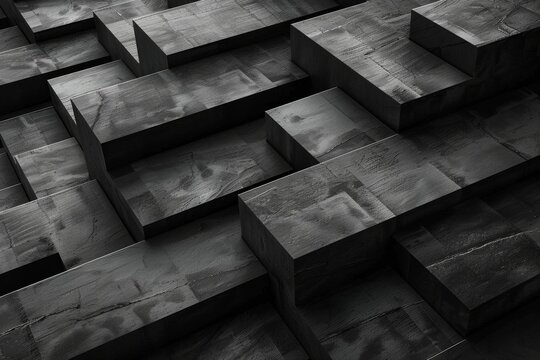 Abstract black and white blocks background with texture of wood on a dark grey background © DigitalParadise
