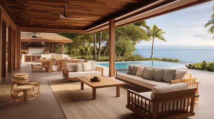 Tropical bungalow outdoor covered living room and kitchen with wood plank ceilings and beach access.