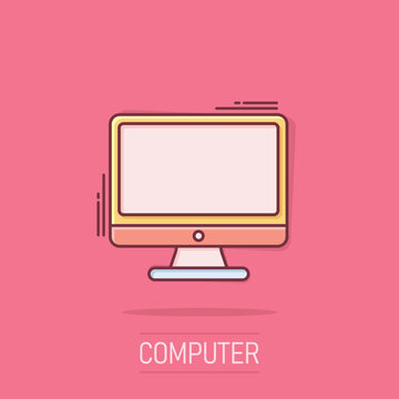 Personal computer in comic style. Desktop pc cartoon vector illustration on isolated background. Monitor display splash effect sign business concept.