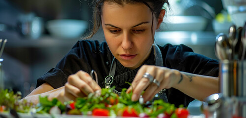 A female chef carefully adding finishing touches to a salad, her eyes focused and determined