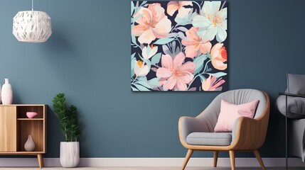 A contemporary art piece featuring abstract pastel-colored spring flowers against a dark blue background, complemented by trendy typography for a modern Mother's Day design.