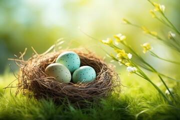 Three painted easter eggs in a birds nest celebrating a Happy Easter on a spring day with a green grass meadow and blurred grass foreground and bright sunlight background with - generative ai