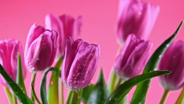 Pink tulips on pink background, drops of water falling. Freshness, Spring, Watering Flowers
