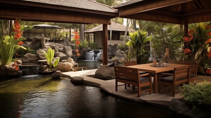 Fototapeta premium Tropical outdoor living patio with woven furniture thatch umbrellas and serene koi pond water feature.