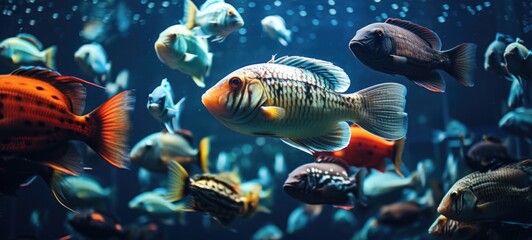 An underwater scene with various fish swimming calmly, the image is suitable for themes related to marine life, aquariums, and nature documentaries. - obrazy, fototapety, plakaty