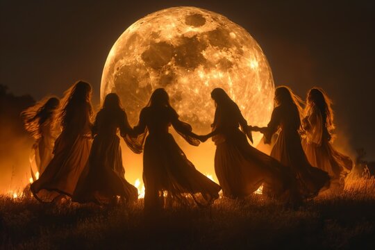 People holding hands in front of giant moon